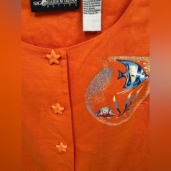 Vintage 90’s Orange Fish Ocean Theme Linen Sleeveless Top Vest Size M - Picture 5 of 10